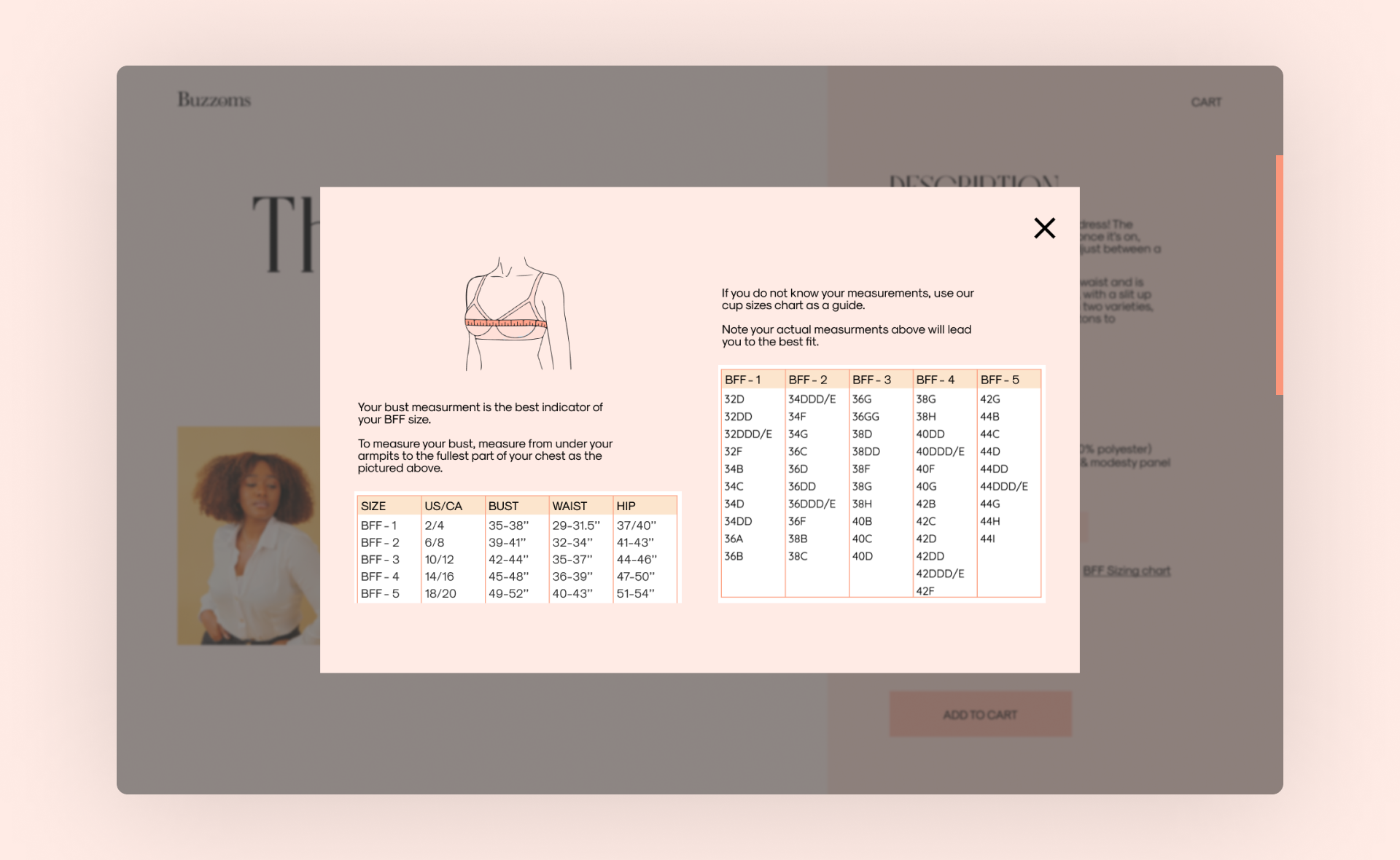 Final UI Design of the sizing chart pop-up for the Buzzoms new website
